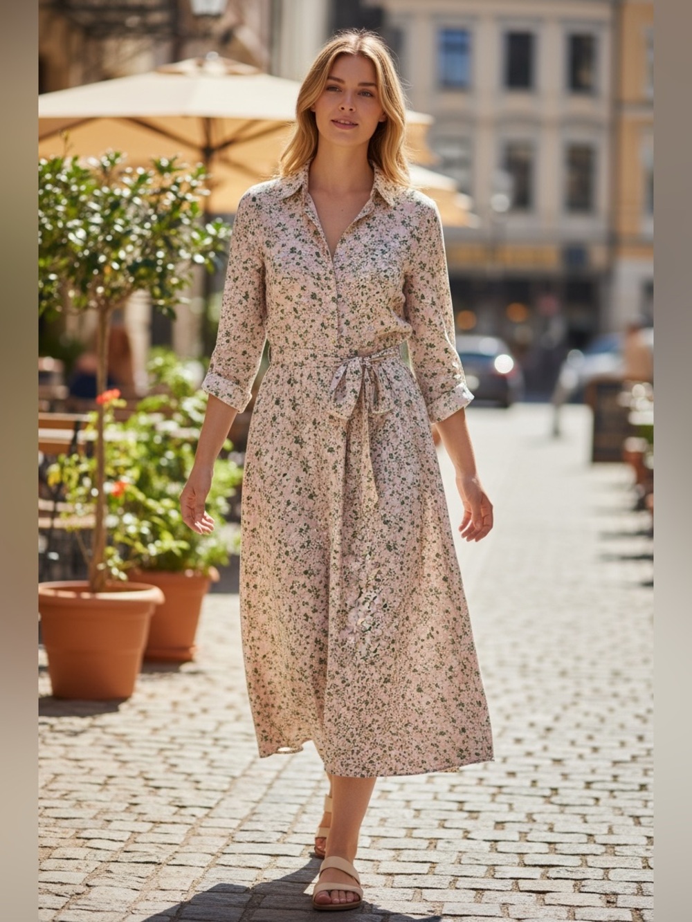 Meena Long Sleeve Floral Shirt Dress Peach Green Women's Size 8 Modest Maxi
